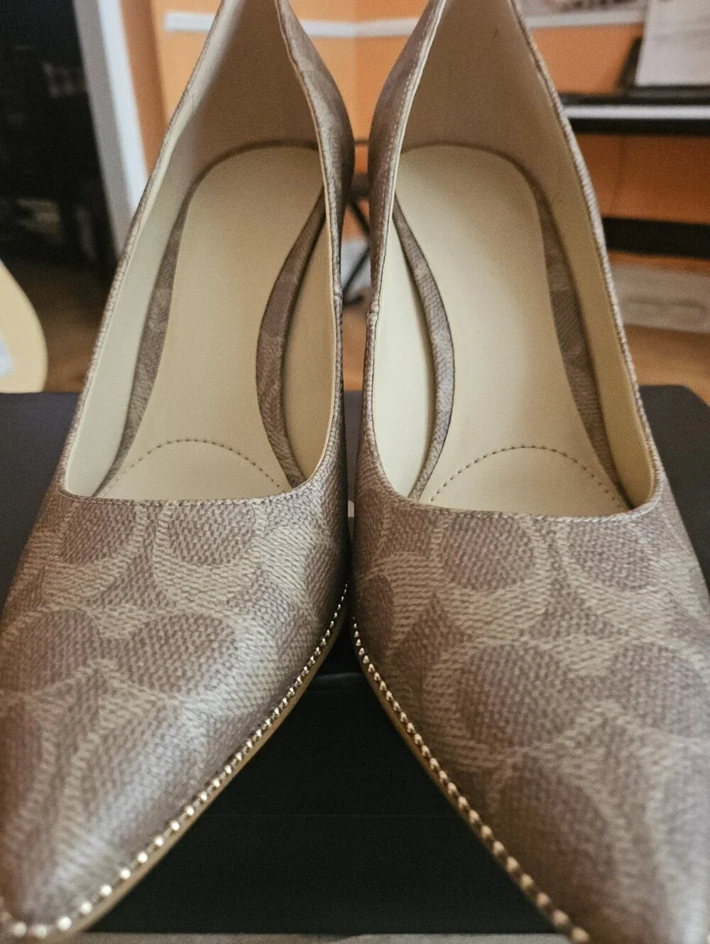 Coach Tan Brown Patterned Heeled Pumps with Gold Trim